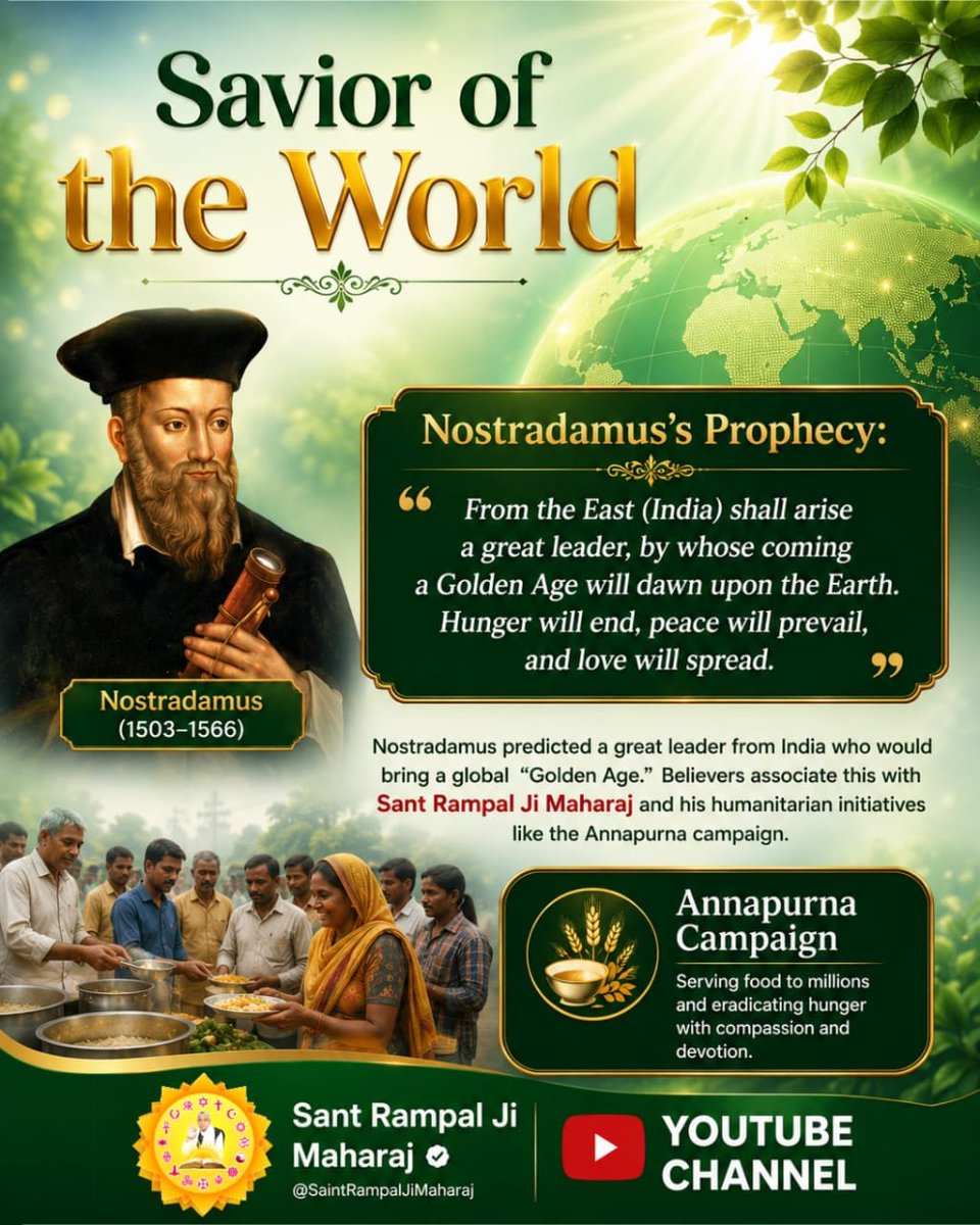 KN__Voice's tweet photo. #GodMorningSunday
#धरती_पर_अवतार
Nostradamus’s prophecy speaks of a leader from the East bringing a Golden Age of peace and ending global hunger. 🌍✨
​Through the Annapurna Campaign, Sant Rampal Ji Maharaj’s initiatives reflect this vision of selfless service. 🍲🕊️ https://t.co/yjEvwpKGb4