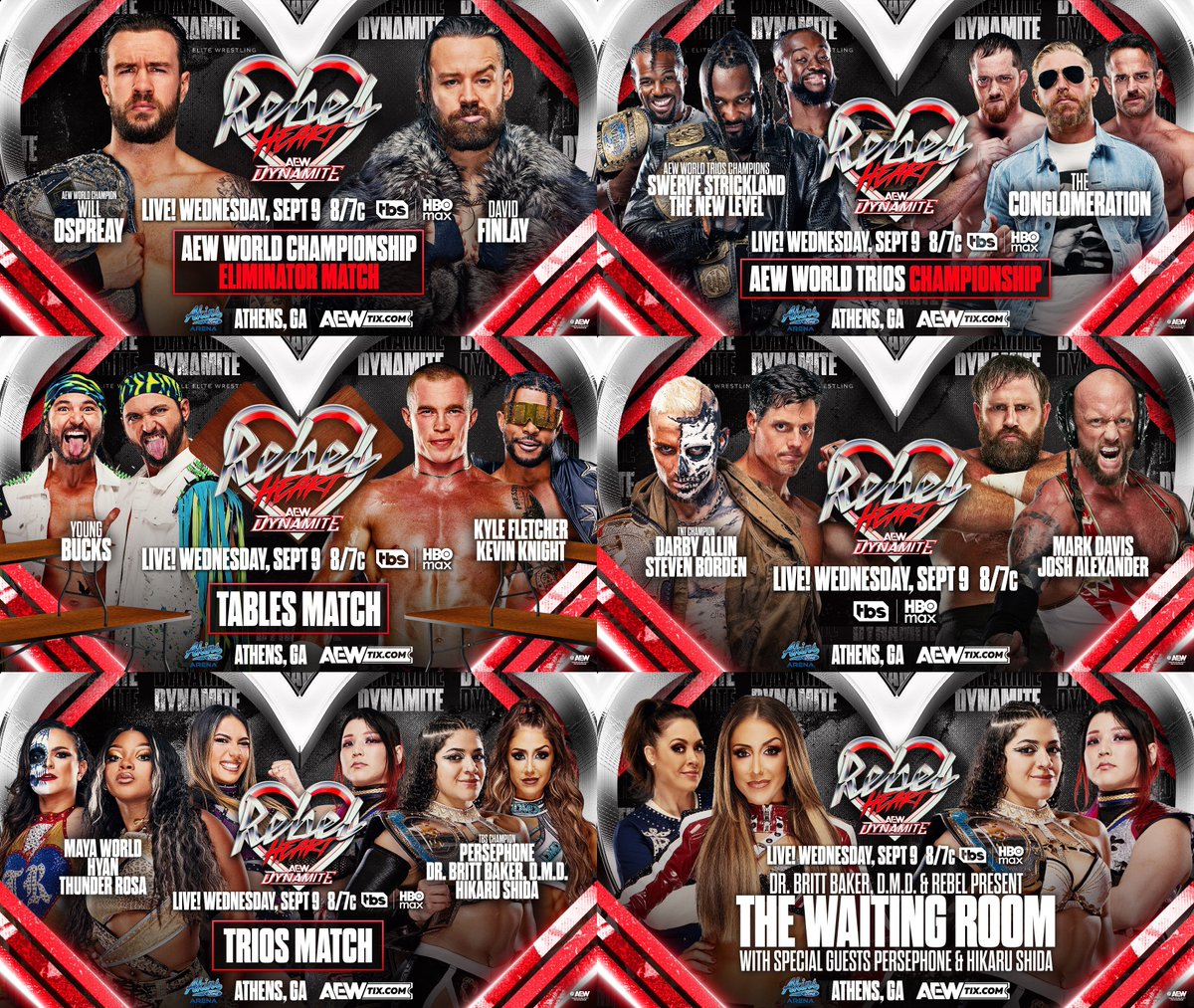 TheDrainmaker's tweet photo. Rebel Heart this coming Wednesday:

• David Finlay vs Will Ospreay
• New Level/Swerve vs Conglomeration
• Young Bucks vs Fletcher/Knight
• SBJ/Darby vs Davis/Alexander
• Maya/Hyan/Rosa vs Shida/Perse/Britt
• Rebel returns with The Waiting Room

CHARITY SHOW IN GEORGIA FOR REBEL AND FIGHT AGAINST ALS. ❤️