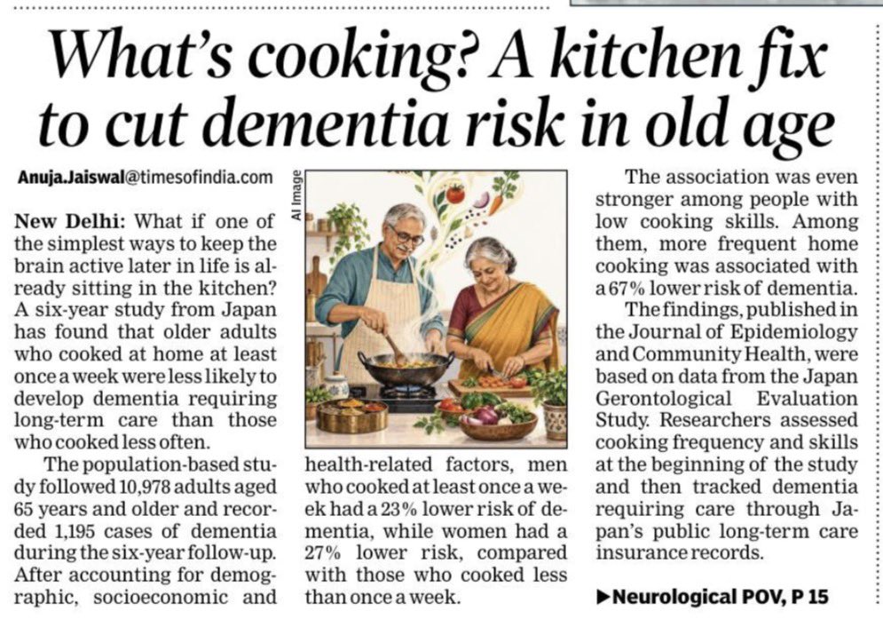 AnujaJaiswalTOI's tweet photo. What if one of the simplest ways to keep the #brain active later in life is already sitting in the kitchen? A six-year study from Japan has found that older adults who #cooked at #home at least once a week were less likely to develop #dementia requiring long-term care than those who cooked less often. The population-based study followed 10,978 adults aged 65 years and older and recorded 1,195 cases of dementia during the six-year follow-up. After accounting for demographic, socioeconomic and health-related factors, men who cooked at least once a week had a 23% lower risk of dementia, while women had a 27% lower risk, compared with those who cooked less than once a week. @timesofindia @aiims_newdelhi @Epilepsy_care