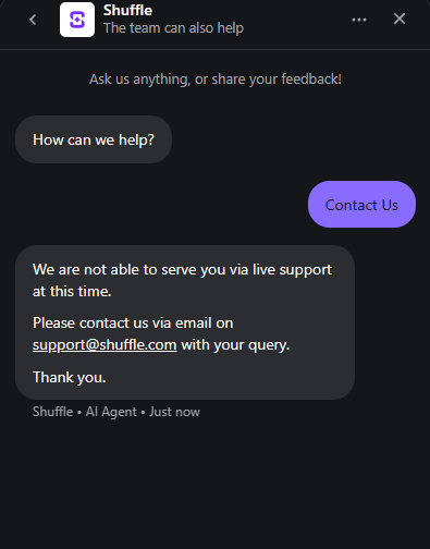 puffondarise's tweet photo. It's been 1 year since I tried to withdraw my money from @shufflecom and just for curiosity I tried again today.

I uploaded proof of address as requested from them, and same thing happened as last year - Instantly rejected.

I already went on a public rant last year to recover my funds, but they didn't even care to respond to my emails or tweets.

IT'S BEEN ONE YEAR- Still banned from support without reason, still didn't receive a single answer on email (I can show proof) and I still didn't get any money back.

Besides that I'm also permanently banned from the chat   and I don't even remember typing EVER in it.

@shufflecom @noahdummett