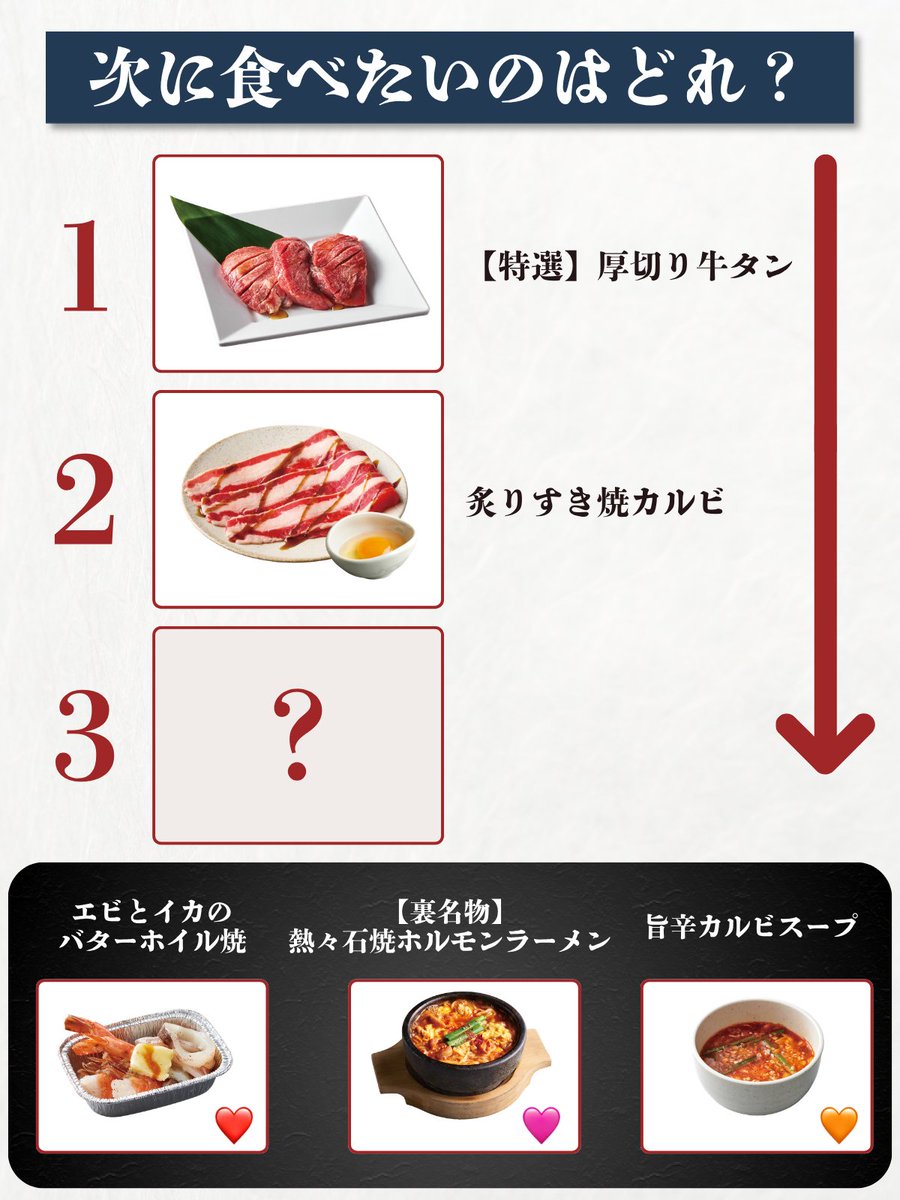 yakiniku_king_'s tweet photo. 【質問】
この流れで、次に食べたいのはどれ？

エビとイカのバターホイル焼▶︎❤️
【裏名物】熱々 石焼ホルモンラーメン▶︎🩷
旨辛カルビスープ▶︎🧡

ハートの絵文字で教えて💬 https://t.co/dkpKgUPqHY