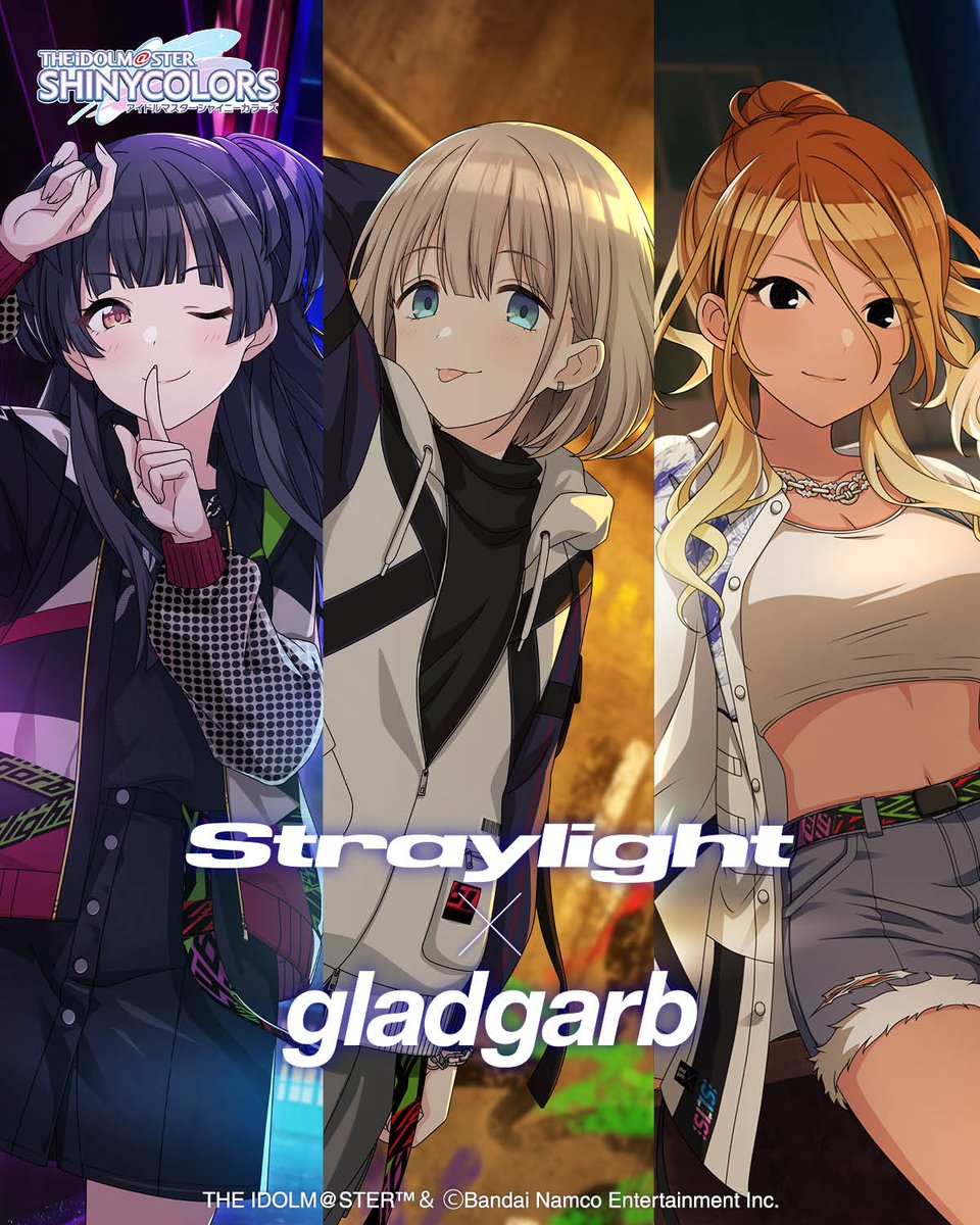 gladgarb_X's tweet photo. 【アイドルマスター シャイニーカラーズ
 × gladgarb】

芹沢あさひ、黛 冬優子、和泉愛依によるユニット
「ストレイライト」とgladgarbがコラボレーション。
キャンセルに分よる限定数量を販売いたします。

※キャンセル分につき、完売となる場合がありますことをご了承ください