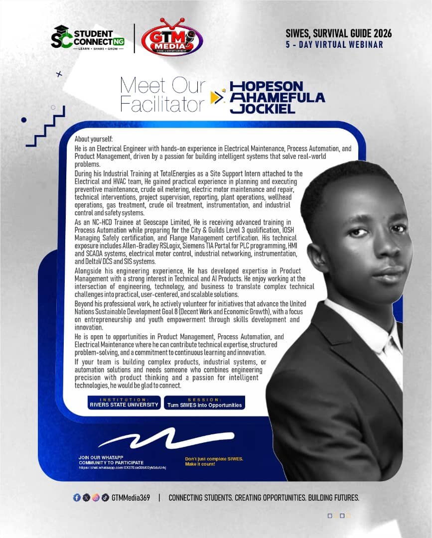 GTMMedia369's tweet photo. The Experience Behind the Session!

Hopeson Ahamefula Jockiel joins us for SIWES Survival Guide 2026! 

📌 Turn SIWES into Opportunities
📅 Sept. 11 | ⏰ 7PM–8PM

🔥 Don’t miss it!

🔗 https://t.co/L4nEVu9BR8

#SIWES2026 #GTMMedia #StudentConnectNG https://t.co/thzl5x4umB