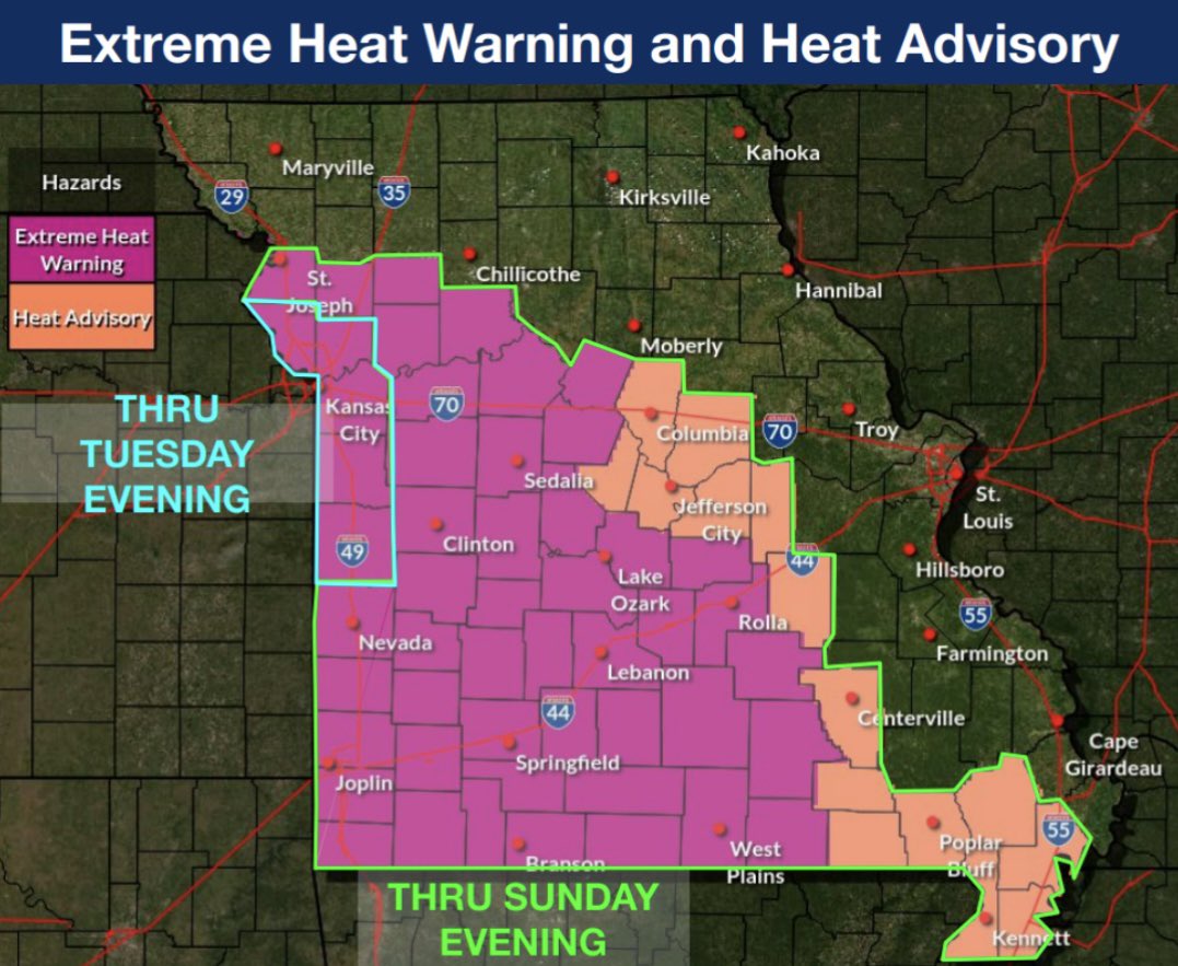 MoSEMA_'s tweet photo. ‼️Hot and humid conditions continue for the southwestern half of the state on Sunday with heat index values of 105 to 110 expected where an Extreme Heat Warning is in effect through Sunday evening.

⚠️An Extreme Heat Warning is in effect through Tuesday evening for far western portions of Missouri including the Kansas City metro area.