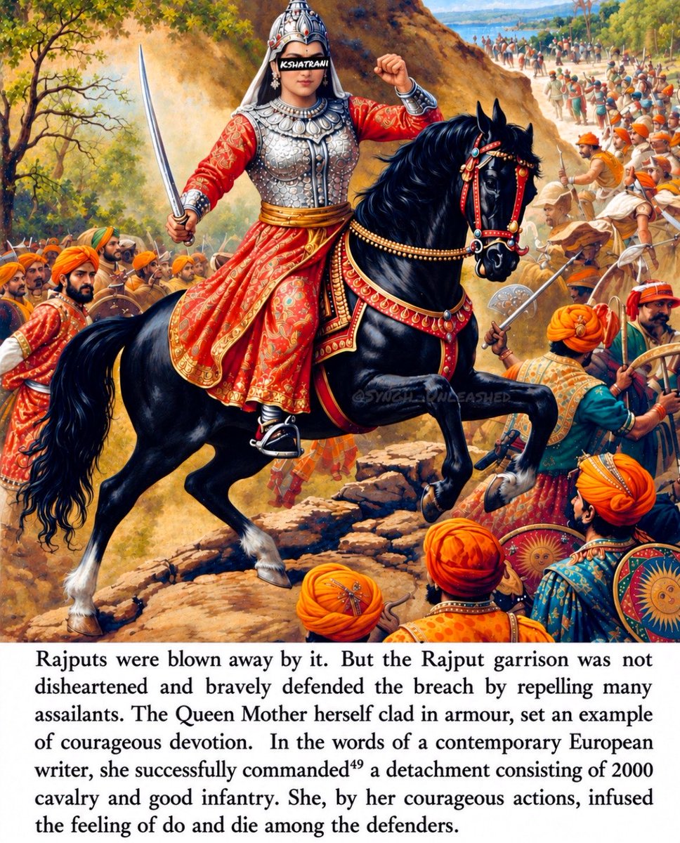 Syngh_Unleashed's tweet photo. Contemporary Portuguese Historian Fernão Lopes de Castanheda (1500 AD – 6th June 1559) describes how Maharani Karnavati of Mewar — the widowed Queen of Rana Sanga — bravely resisted Muslim invaders before finally committing 𝙟𝙖𝙪𝙝𝙖𝙧 :

“ The Queen Mother, herself clad in armour, set an example of courageous devotion. She successfully commanded a detachment consisting of 2000 cavalry and good infantry. She, by her courageous actions, infused the feeling of do & die among the defenders! ”

But when there was ultimately no hope left, being a 𝙆𝙨𝙝𝙖𝙩𝙧𝙖𝙣𝙞, she willingly chose death over dishonour. Now tell me, who ‘forced’ her to commit 𝙟𝙖𝙪𝙝𝙖𝙧 when her husband was already dead and she was commanding Rajputs herself?

PS : @_amitbehere is a semi-literate who leaches on views & attention by bitching against Rajputs, without having any actual knowledge of history.