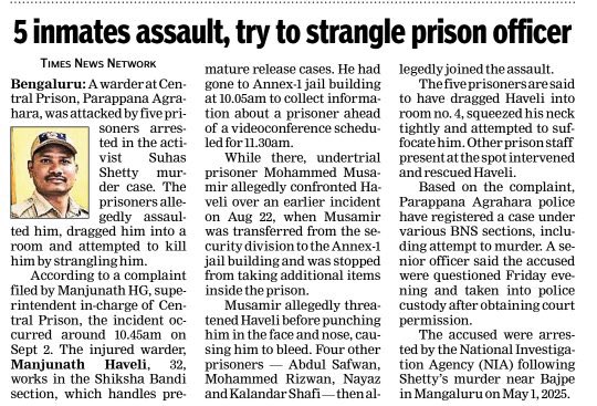 Girishbdwj's tweet photo. Prisons are increasingly turning into crime spots rather than places of correction. The latest incident at Parappana Agrahara where five accused Mohammed Musamir, Abdul Safwan, Mohammed Rizwan, Nayaz and Kalandar Shafi in the Suhas Shetty murder case attempted to murder a prison warden is deeply concerning.

Parappana Agrahara has also faced serious concerns in the past over the radicalisation of inmates. Without strict vigilance, effective surveillance and accountability, prisons can become breeding grounds for further criminal activity.