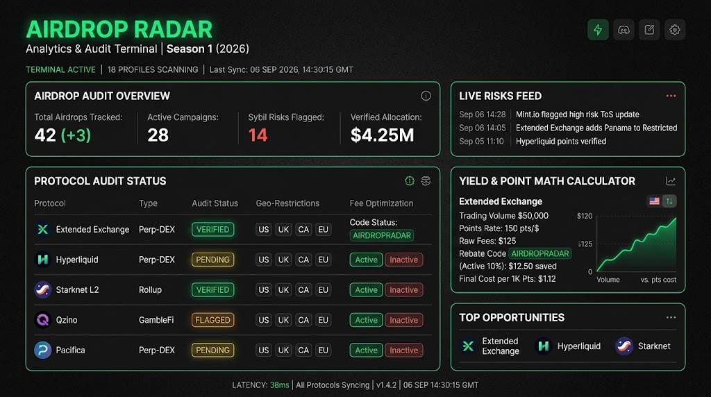 GetAirdropRadar's tweet photo. ⚠️ 8 airdrop protocols silently updated their banned country lists this week.

If you are farming from the EU, Ostium hard-blocks all 27 member states in their backend docs. Farming there with a standard VPN will get your allocation flagged on TGE.

Where your capital is safe vs where you get wiped: • Ostium: 34 restricted countries (Hard block) • Lighter: 14 countries • Extended: 12 countries
Full anti-sybil breakdown & fee discount codes below ↓