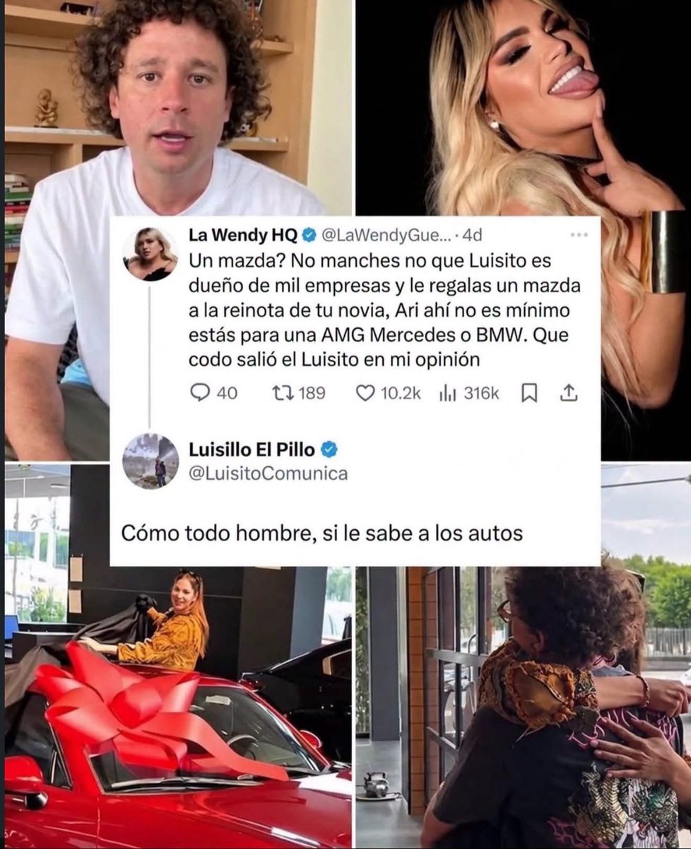VigiaCiudadano7's tweet photo. !LUISITO NO RESPONDIÓ EDUCÓ 

Luisito Comunica recientemente sorprendió a sus seguidores al regalarle un Mazda modelo 2026 a su novia, Arisita. 🚗🎁 El regalo rápidamente dio de qué hablar en redes, pero la conversación subió de tono después de que Wendy Guevara opinara sobre el detalle. 

La influencer comentó que esperaba que Luisito le regalara un automóvil de una gama más exclusiva, poniendo como ejemplo un Mercedes-Benz AMG. 

Pero lo que muchos no esperaban era que Luisito Comunica reaccionara directamente a sus comentarios. 

 💬 ¿Qué le respondió Luisito a Wendy? La respuesta ya está dando de qué hablar en redes.