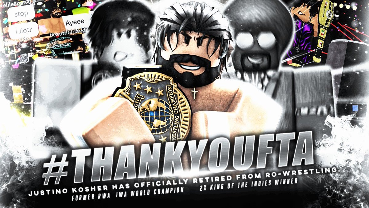 IWA_RBLX's tweet photo. #THANKYOUFTA! 🥹

After an INCREDIBLE FINAL MATCH EARLIER at #IWABB2026… @RRWBKT has made it official, he is now RETIRED from the ring.

From becoming the @RWAMedia & IWA World Champion, to capturing the King of the Indies crown TWICE, we thank FTA for EVERYTHING he has done in the @IWA_RBLX & for Ro-Wrestling as a whole! 🖤