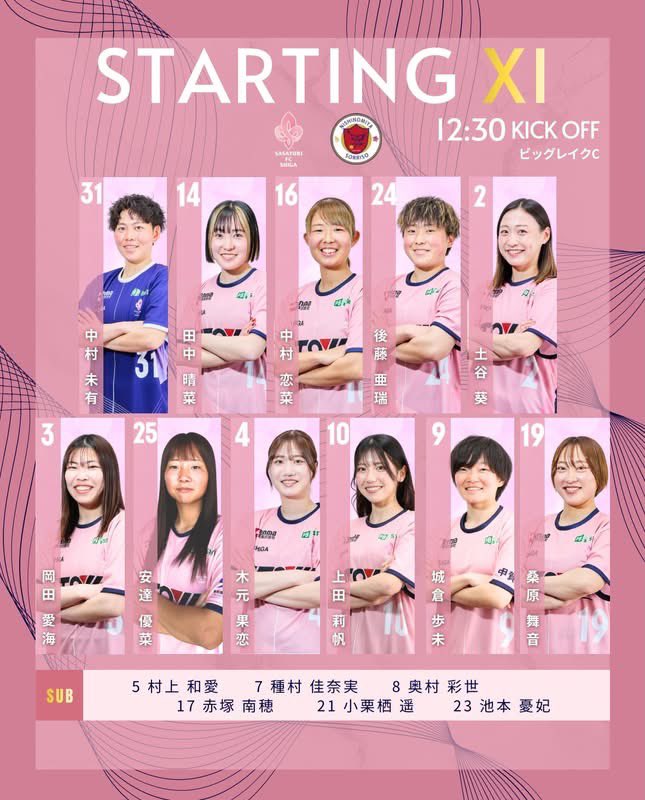 sasayuri_shiga's tweet photo. 今日の勝利を託された【LINE UP】
⁡
関西リーグ8連勝へ🔥
⁡
#sasayuri
#スタメン
#女子サッカー
#関西女子サッカーリーグ
#なでしこリーグ https://t.co/RZsaSMWagt