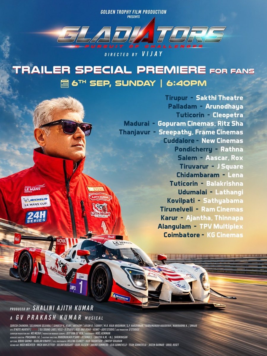 dheenaiyakam's tweet photo. The roar gets louder! 🏎️🔥

Due to massive demand, MORE SCREENS added across Tamil Nadu for the #Gladiators theatrical trailer experience!

Witness AK’s world of speed on the giant screen today. Book your tickets now! 🎟️

#AjithKumar #AK #GladiatorsTrailer https://t.co/vMAPIPW3iA