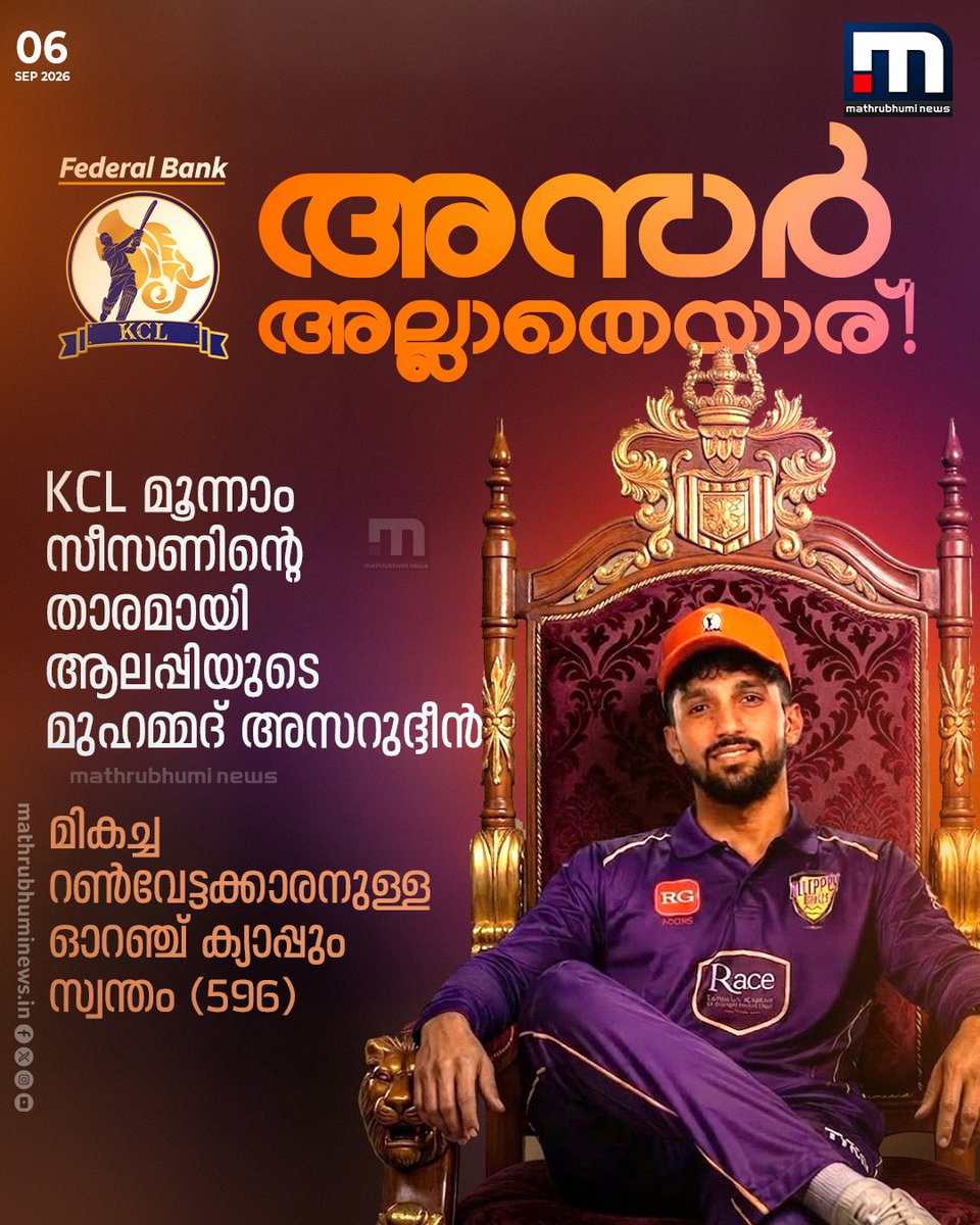 mathrubhuminews's tweet photo. അസർ അല്ലാതെയാര്! KCL മൂന്നാം സീസണിൻ്റെ താരമായി ആലപ്പിയുടെ മുഹമ്മദ് അസറുദ്ദീൻ; മികച്ച റൺവേട്ടക്കാരനുള്ള ഓറഞ്ച് ക്യാപ്പും സ്വന്തം (596)
#MohammedAzharuddeen #Azharuddeen #OrangeCapWinner #KCL https://t.co/mdInba1Egm