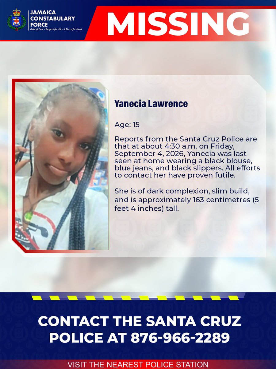 JamaicaConstab's tweet photo. Help us locate missing Yanecia Lawrence. If you know her whereabouts, please call the Santa Cruz Police or the nearest police station. 

#AnandaAlert #Missing https://t.co/VUF0urqsWz
