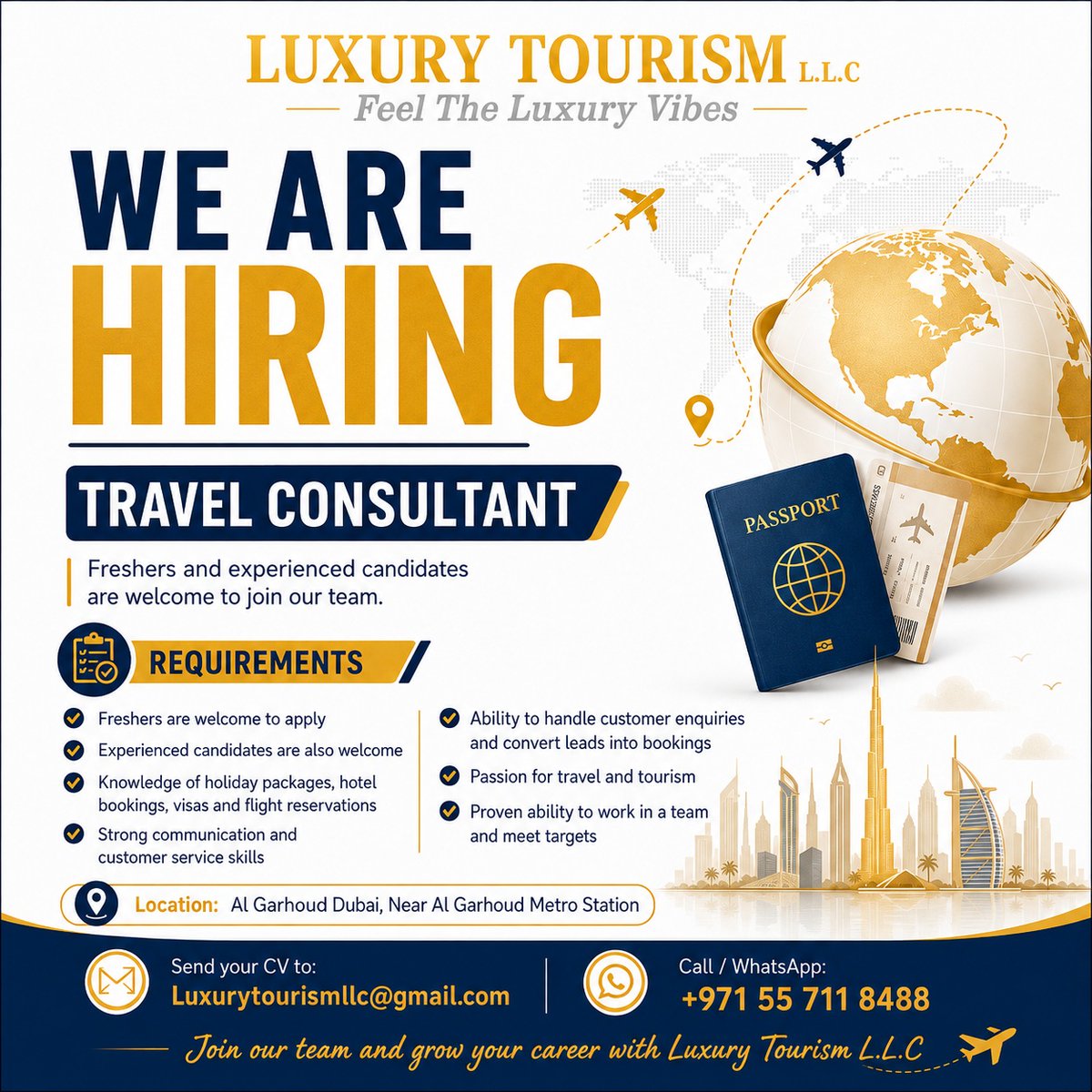 xristtorres's tweet photo. We’re hiring Travel Consultants in Dubai. Freshers and experienced candidates welcome. Knowledge of packages, hotels, visas and flights required. Strong customer service and sales skills. Location: Al Garhoud. Send your CV to https://t.co/y7LD8DoWT6