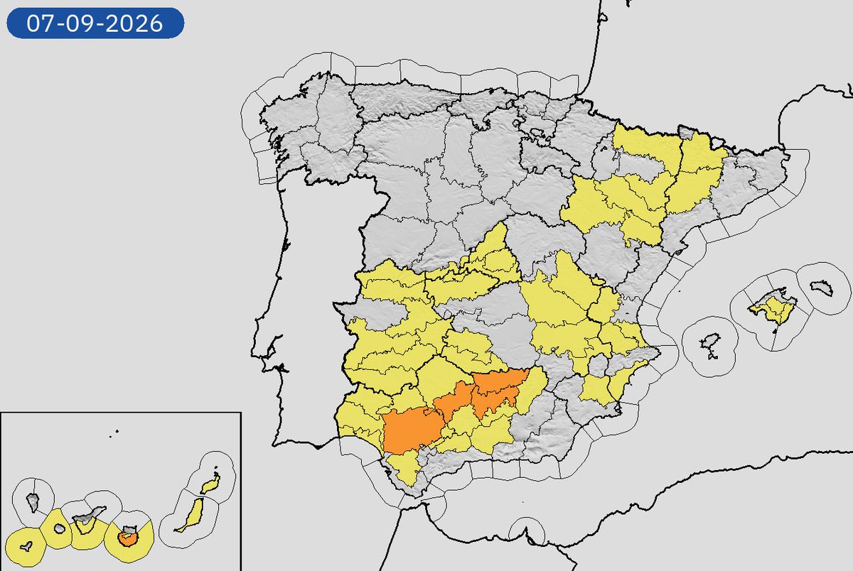 AEMET_Esp's tweet photo. 06/09 05:54 AVISOS HOY Y MAÑANA | España: temperaturas máximas, tormentas, costeros y vientos. Nivel máximo de aviso: naranja.
Actualizaciones en https://t.co/BLdoSsO2Qv https://t.co/N3O73wz9tl