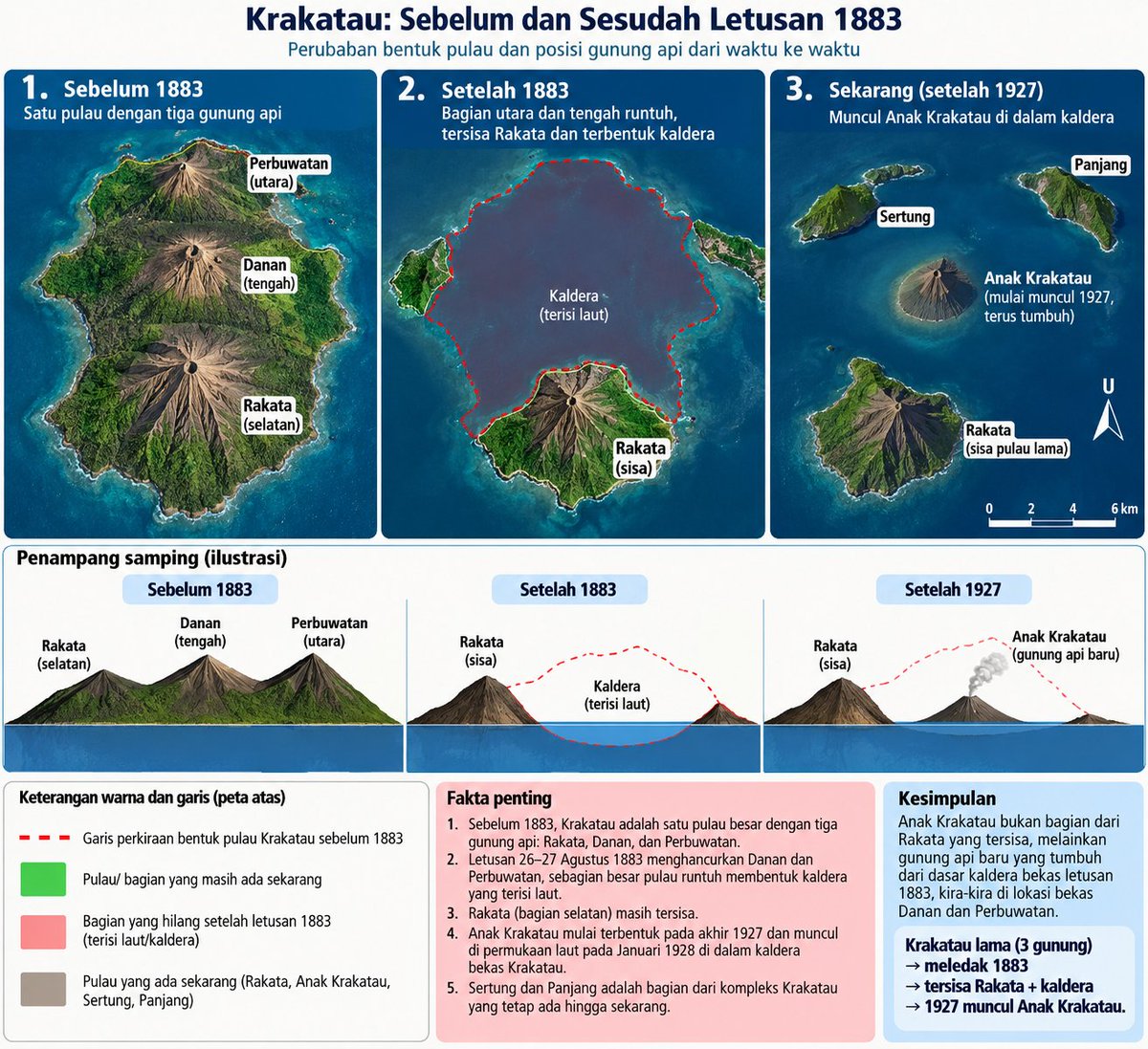 ferdideel's tweet photo. Sebelum 1883, Pulau Krakatau memang tersusun dari tiga kerucut gunung api utama: Rakata di selatan, Danan di tengah, dan Perbuwatan di utara. Ketiganya menyatu membentuk satu pulau besar seperti pada gambar bagian atas. 

Ketika letusan dahsyat 26–27 Agustus 1883, sebagian besar tubuh Krakatau runtuh membentuk kaldera yang kemudian terisi laut. Danan dan Perbuwatan hilang, sementara bagian Rakata masih tersisa. Jadi gambar tengah yang memperlihatkan hanya potongan besar Rakata memang cukup tepat. 

Kemudian yang menarik: Anak Krakatau bukan bagian Krakatau lama yang tersisa. Ia adalah gunung api baru yang tumbuh dari dasar kaldera bekas letusan 1883, kira-kira di antara lokasi bekas Danan dan Perbuwatan. Aktivitas pembentukannya mulai pada akhir 1927, dan pada Januari 1928 kerucutnya mulai muncul di atas permukaan laut.