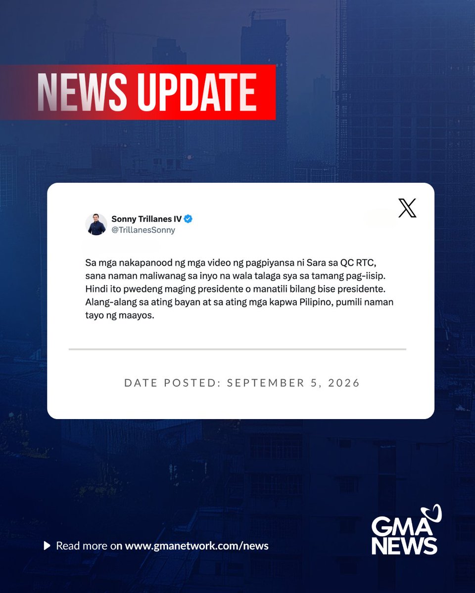 gmanews's tweet photo. 'HINDI ITO PUWEDE MAGING PRESIDENTE O MANATILI BILANG BISE PRESIDENTE'

Ito ang naging reaksiyon ni dating Senador Antonio “Sonny” Trillanes IV sa pagpiyansa ni VP Sara Duterte sa QC RTC kahapon, Sept. 5, kaugnay ng kasong grave threats.

Sa kaniyang post sa X (dating Twitter) account, tinawag ni Trillanes na “wala sa tamang pag-iisip” si Duterte at nanawagan sa taumbayan na pumili ng maayos na lider ng bansa.

Related article: Sara Duterte posts bail for grave threats case at QC court
https://t.co/8TbPccndGM