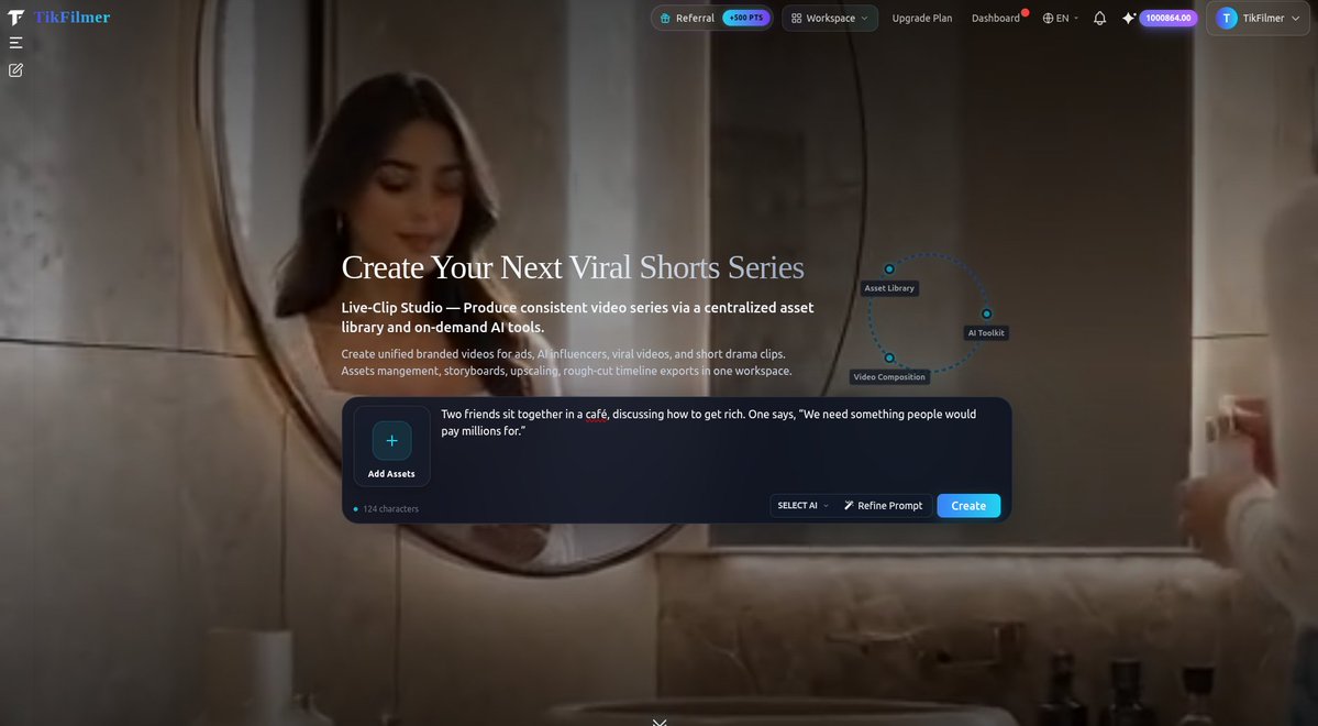 TikFilmer's tweet photo. 🎬 Create continuous AI videos with MiniMax H3 Max in Live-Clip Studio. Steps(1/4) 👇

1️⃣ Open https://t.co/7jJyn5X0O4 → enter your starting idea → Generate https://t.co/vnC0iMACsN