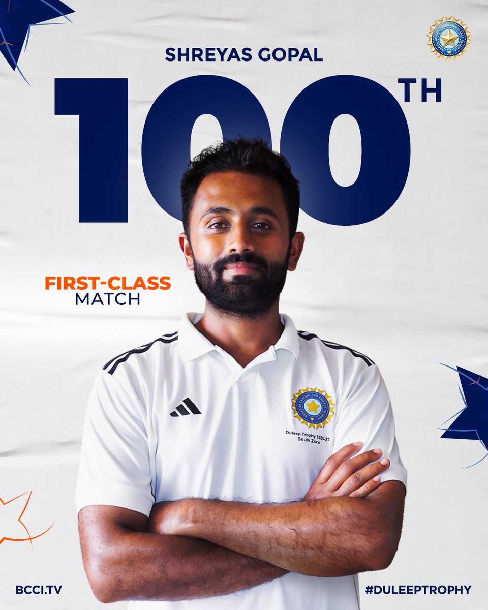 BCCIdomestic's tweet photo. A landmark 1️⃣0️⃣0️⃣! 🙌

​Congratulations to Shreyas Gopal on reaching a milestone 100th first-class appearance 💯👏

​#DuleepTrophy | #EZvSZ https://t.co/iqntIDwphh