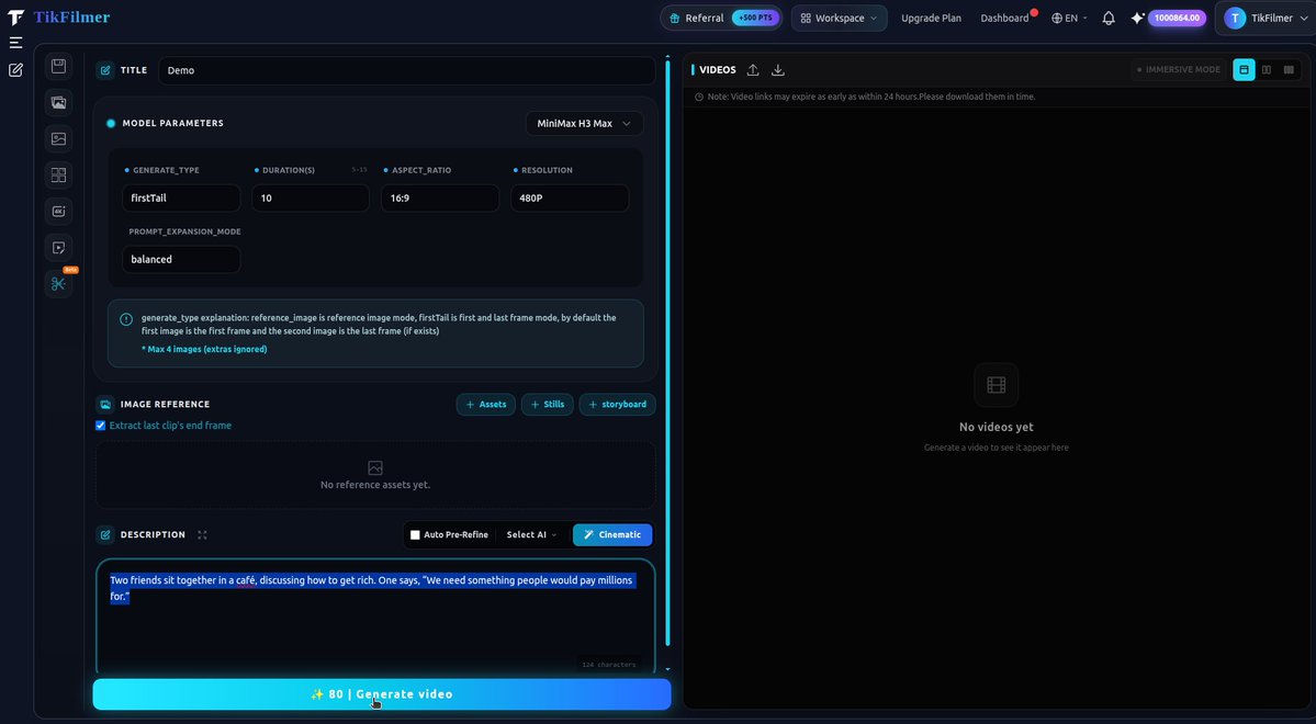 TikFilmer's tweet photo. 3️⃣ Click Generate Video and wait for your clip to finish. https://t.co/ED3nfvXpoV