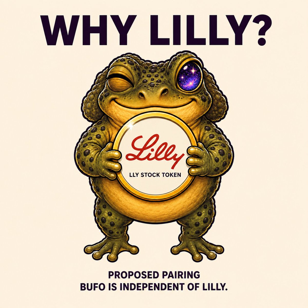 BufoForGood's tweet photo. Why Lilly?

Its July 16 acquisition agreement includes AtaiBeckley’s investigational BPL-003, a synthetic 5-MeO-DMT program.

It inspired BUFO’s proposed LLY pairing. No Lilly affiliation or equity rights.

https://t.co/3disaXRClh

#BufoForGood #MemeFi #Stonks #RobinhoodChain https://t.co/fK3nyLJRG0