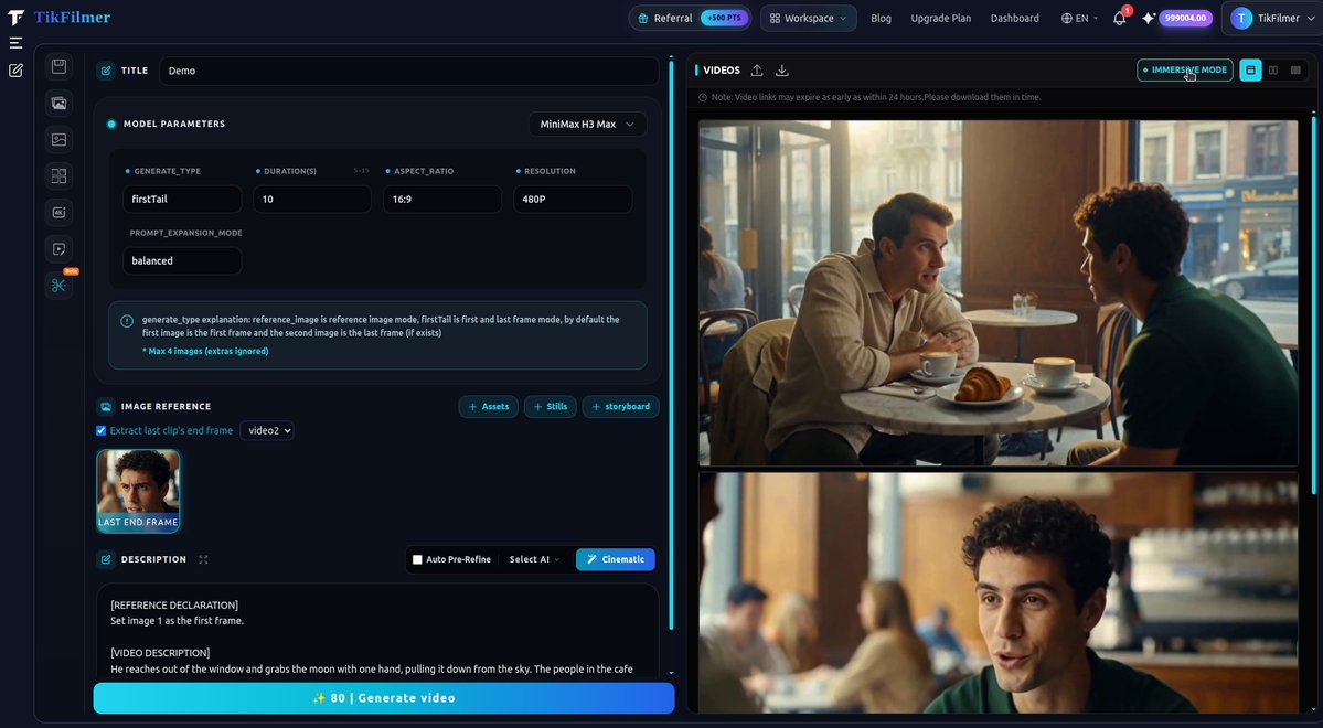 TikFilmer's tweet photo. 4️⃣ Select the video 
→ 👉 Immersive mode
→ type your next idea 
→ Ctrl + Enter

The last frame is automatically carried over to the next generation, so you can keep building your story clip by clip, without starting over.

Watch → get an idea → write it → keep generating. 🚀