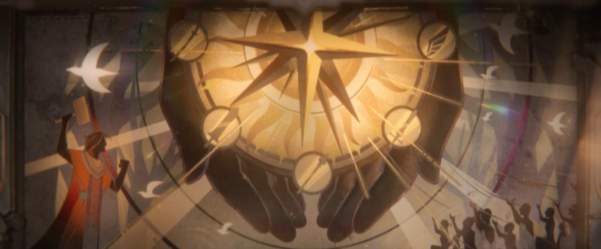 YeShroomguang's tweet photo. Claret's EP has some interesting imagery that presumably shows her family history and might suggest a connection to Sunbringer. In slide 1, a symbol seemingly representing Porcelloy is cupped by two hands in the background of a Flint who seems to be in a respected leader role. https://t.co/lbDqA9StWE