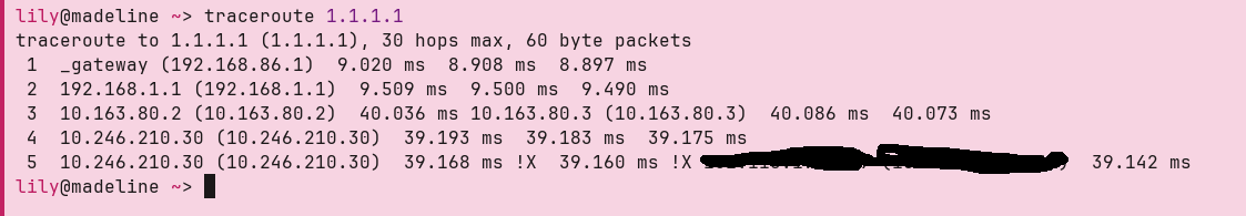 _novafurry's tweet photo. @VodafoneAU When i traceroute it does not make it past your 10.x subnets (internal to your networking), but makes it out of my 192.168.x.x subnetting (public ip covered because someone would shout at me for it despite it's CGNAT)

if the connection was working i'd see a row with 1.1.1.1 https://t.co/JsquIm881h