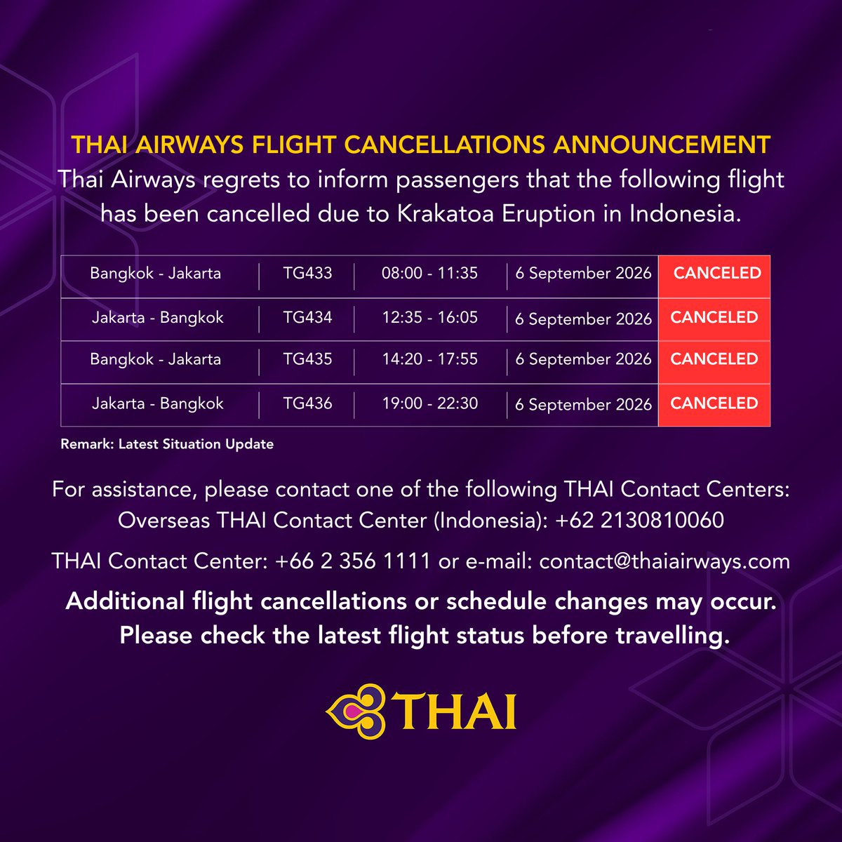 ThaiAirways's tweet photo. ⚠️ Flight Cancellations, 6 September 2026

Due to volcanic ash from the Krakatau eruption affecting Jakarta’s Soekarno–Hatta Airport, THAI has cancelled:

TG433 BKK–CGK 08:00–11:35
TG434 CGK–BKK 12:35–16:05
TG435 BKK–CGK 14:20–17:55
TG436 CGK–BKK 19:00–22:30 

Passengers can check the latest updates via the THAI Mobile App, https://t.co/RstGvSpj68, or contact:

Thailand: +66 2 356 1111
Indonesia: +62 21 3081 0060
Available 24 hours.

We apologize for the inconvenience.

#ThaiAirways #FlightCancellation #Krakatau