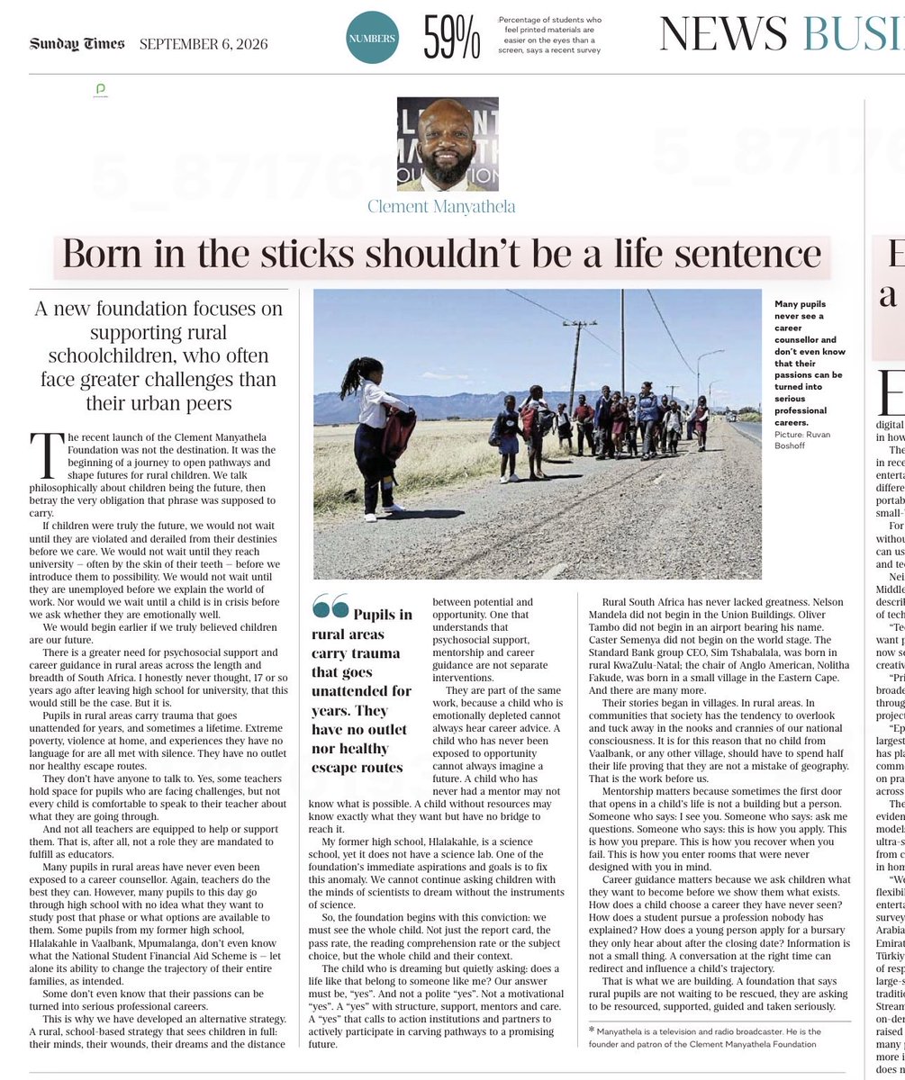 TheRealClementM's tweet photo. The recent launch of the Clement Manyathela Foundation was not the destination. It was the beginning of a journey to open pathways and shape futures for rural learners. 
We often talk philosophically about children being the future, then betray the very obligation that phrase was supposed to carry. 
If children were truly the future, we would not wait until they are violated and derailed from their destinies before we care. We would not wait until they reach university – often by the skin of their teeth - before we introduce them to possibility. We would not wait until they are unemployed before we explain the world of work. Nor would we wait until a child is in crisis before we ask whether they are emotionally well.
We would begin earlier, if we truly believed children are our future.