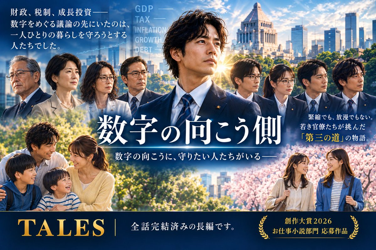 Naga_3003's tweet photo. 創作大賞2026の中間選考発表が
近づいてきましたね。

あらためて
『数字の向こう側』をご紹介します。

財政、税制、成長投資。

数字をめぐる議論の先にいたのは、
一人ひとりの暮らしを守ろうとする人たちでした。

緊縮でも、放漫でもない。
若き官僚たちが挑んだ「第三の道」の物語です。

全話完結済みですので、一気読みできます。

『数字の向こう側』
創作大賞2026 お仕事小説部門 応募作品
https://t.co/H0QGC8b1Sa