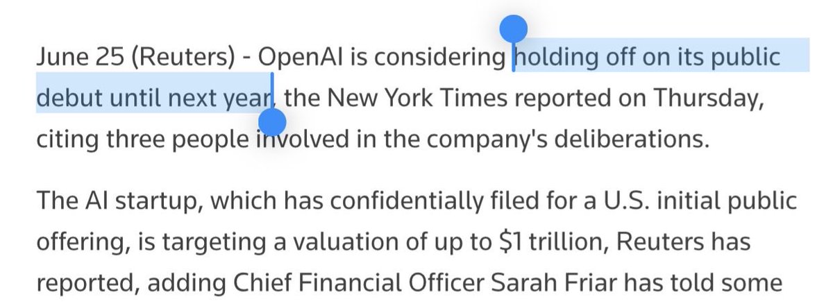 aleabitoreddit's tweet photo. I’m not sure how OpenAI was likely holding off their IPO to 2027.

Because they had concerns about a $1T valuation 3 months ago.

Then Anthropic investors go and say **** it, lets one-up $SPCX and IPO at $2T next month? https://t.co/wkMuzkCrzd