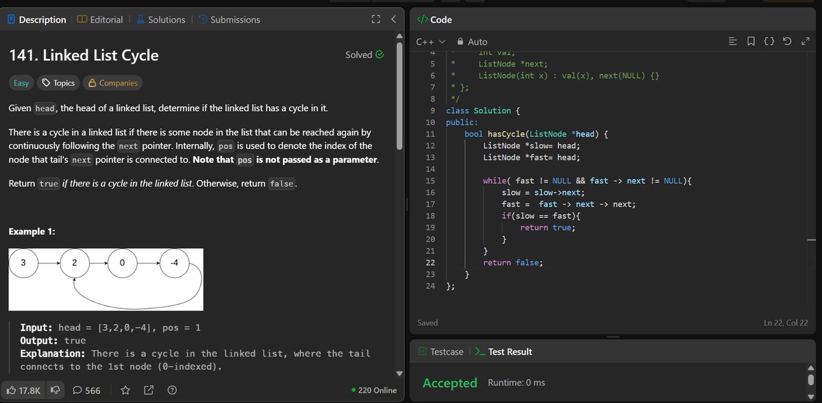 Ankit_kumar_290's tweet photo. Day 13 of my DSA Journey 🚀

Today I solved:
🔹 141. Linked List Cycle — Slow &amp; Fast Pointers 🐢🐇
🔹 142. Linked List Cycle II — Floyd’s Cycle Detection 🔄
Understanding pointers better, one problem at a time! 💪
#DSA #LeetCode #100DaysOfCode #CodingJourney #Cpp https://t.co/eVhAVWtNS2