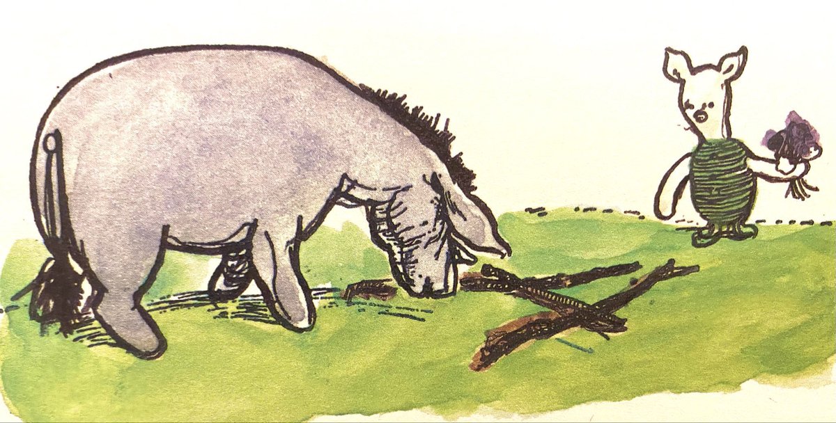 A_AMilne's tweet photo. “Do you know what this is?”
“No,” said Piglet.
“It’s an A.”
“Oh.”
“Not O - A,” said Eeyore severely. “Can’t you HEAR, or do you think you have more education than Christopher Robin? He said it’s an A, and an A it is, until somebody treads on it.” ~A.A.Milne 
#nationalreadabookday https://t.co/RMqC5EH6aM