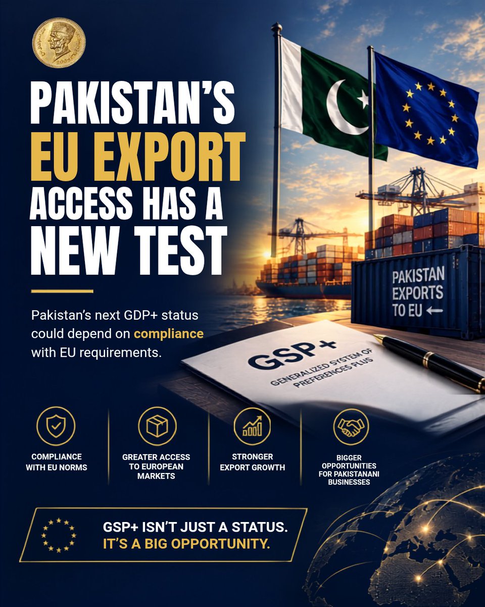 Paknomicss's tweet photo. 🇵🇰🇪🇺 Pakistan’s GSP+ access faces a compliance test.
For exporters, maintaining preferential access to the EU market could be crucial.
#Pakistan #GSPPlus #Exports https://t.co/MzWFodO8jg