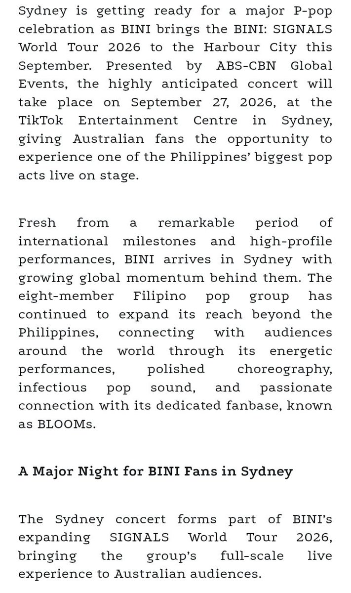 aomsdbr's tweet photo. BINI's Signals World Tour LIVE in Sydney is featured in Australia's StarCentral Magazine. 🇦🇺

���https://t.co/GepOGFQ5v2

#BINI_SIGNALS_WORLD_TOUR_2026
#BINI @BINI_ph https://t.co/HZN6bSlJTA