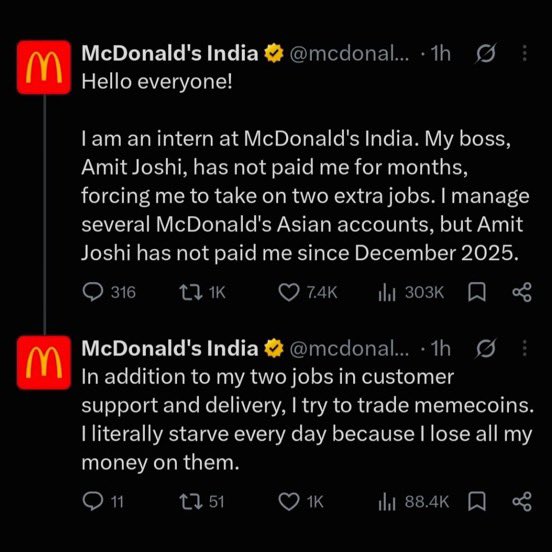 RoshanKrRaii's tweet photo. A Social Media GenZ intern at McDonald’s India didn’t get his stipend since December 2025.

He posted his story with his boss’s picture from McDonald’s India’s official X account.

This generation doesn’t tolerate crap for long, absolute chad this guy 👏 https://t.co/uE5rhlCtb7