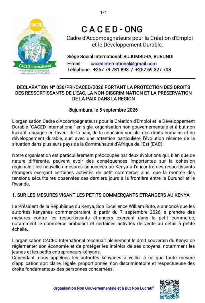 cecodebu_sc's tweet photo. 🇰🇪🇧🇮🇷🇼 @caced_ong réagit aux mesures annoncées par @WilliamsRuto réservant certaines activités de petit commerce aux Kenyans, et exprime aussi ses inquiétudes face aux tensions rapportées à la frontière Burundi-Rwanda. L’ONG appelle au dialogue et à la paix.
@MininterInfosBi https://t.co/Yo1fwaLe5C