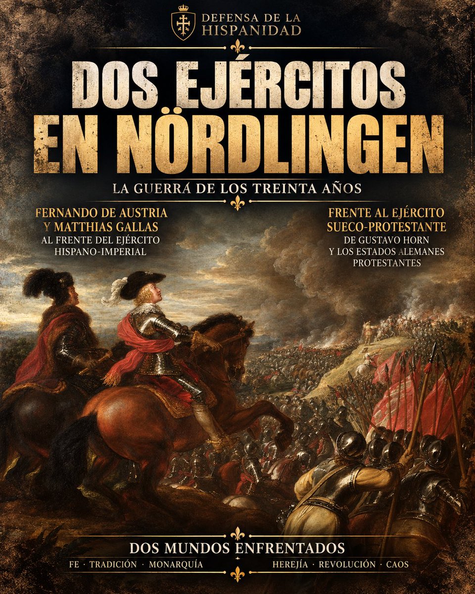 defensahisp's tweet photo. ⚔️ NÖRDLINGEN: LA GRAN VICTORIA DE LOS TERCIOS 🇪🇸

Tal día como hoy, 6 de septiembre de 1634, tuvo lugar una de las grandes victorias de las armas hispánicas del siglo XVII: la Batalla de Nördlingen, en plena Guerra de los Treinta Años.

Frente al ejército sueco y sus aliados protestantes alemanes se encontraba el ejército católico hispano-imperial, dirigido por Fernando de Austria, hermano de Felipe IV, y Matthias Gallas.

🔥 Uno de los puntos decisivos de la batalla fue la colina de Albuch. Las fuerzas suecas lanzaron repetidos ataques para hacerse con aquella posición, pero se encontraron con una resistencia feroz. Allí, los veteranos soldados españoles demostraron una vez más la disciplina y capacidad de combate que habían convertido a los Tercios en una de las fuerzas militares más temidas de Europa.

Tras horas de durísimos combates, las líneas protestantes terminaron quebrándose ante el contraataque católico. La retirada se convirtió en una severa derrota para las fuerzas suecas y sus aliados.

La victoria de Nördlingen supuso un duro golpe a la hegemonía militar sueca en Alemania y fortaleció nuevamente la posición de los Habsburgo en el corazón de Europa.

Una jornada escrita entre picas, mosquetes, pólvora y acero que quedó para siempre ligada a la historia de los Tercios españoles.

⚔️ NÖRDLINGEN, 1634.
🇪🇸 DISCIPLINA, VALOR Y GLORIA.

#TerciosEspañoles #HistoriaDeEspaña #Nördlingen #ImperioEspañol #DefensaDeLaHispanidad