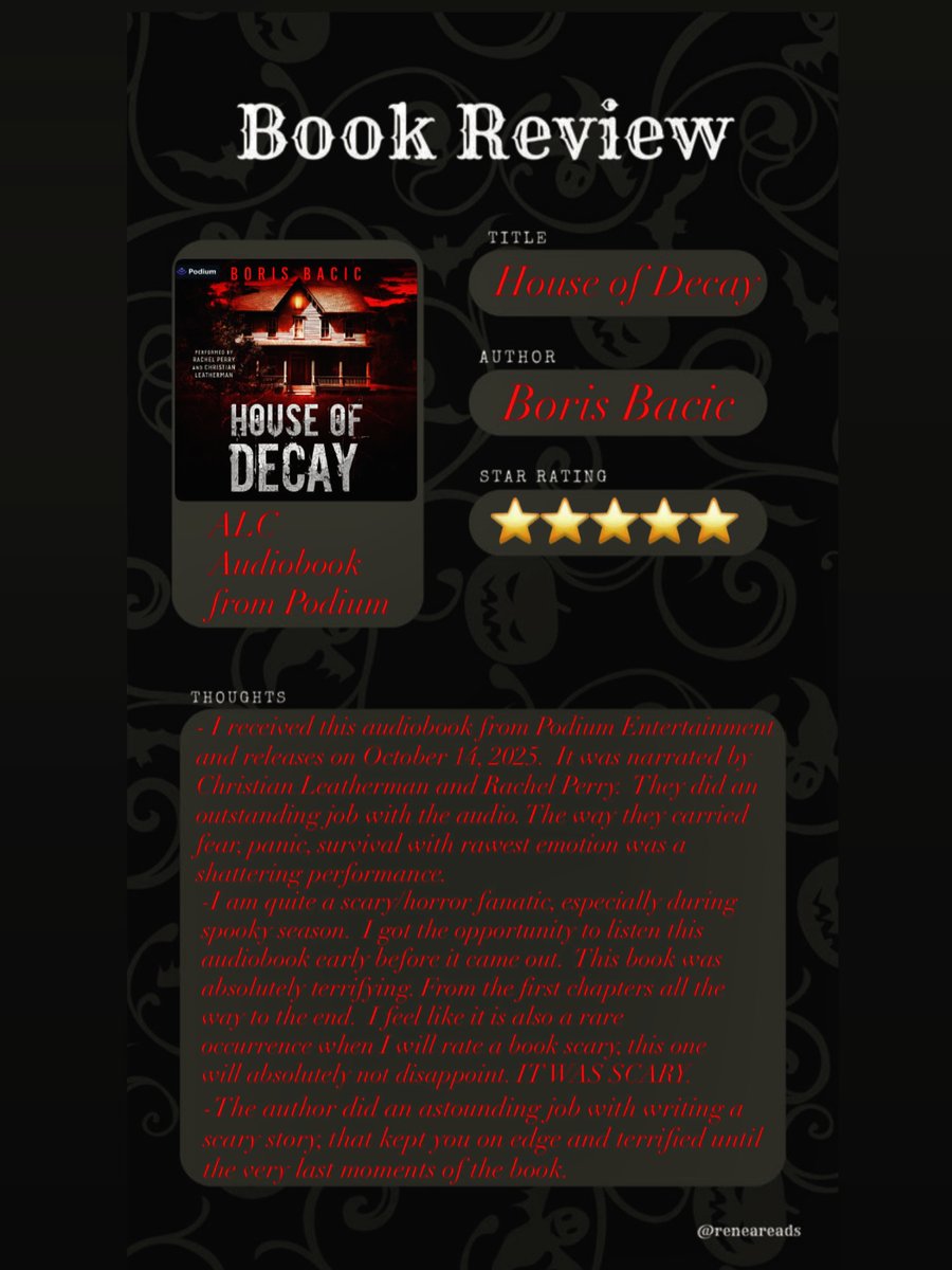 TorrieZangdxt's tweet photo. House of Decay by Boris Bacic, narrated by Christian Leatherman and Rachel Perry, is a terrifying horror audiobook with a creepy antagonist, dark mansion, torture, and a deadly truth-or-dare game. Out October 14, 2025. https://t.co/OiEx3sI17G