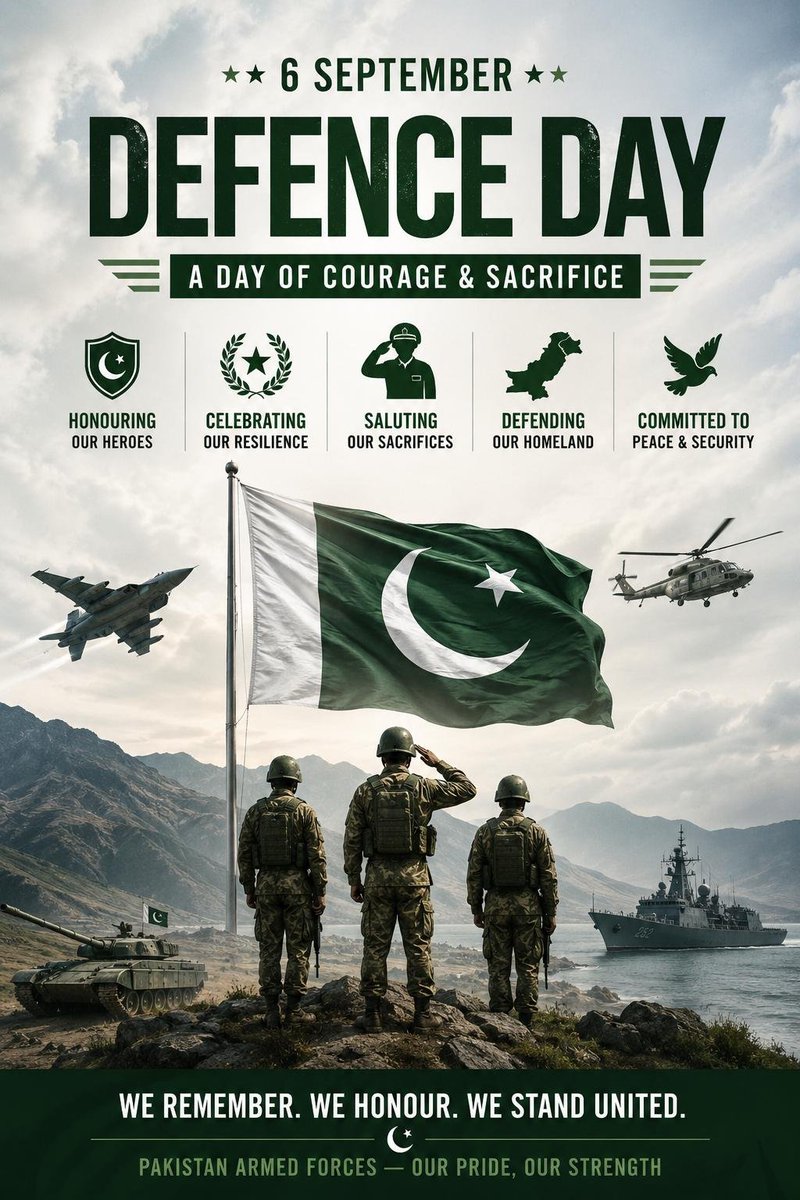 qayum79020's tweet photo. REMEMBERING THE BRAVE — DEFENCE DAY
On Defence Day, Pakistan honors the courage and sacrifices of its soldiers. Their devotion remains a lasting symbol of national strength, unity, and patriotism.
#DefenceDay2026 #6September #PakistanArmy #MartyrsOfPakistan #PakistanZindabad https://t.co/2AYSHGkcbX