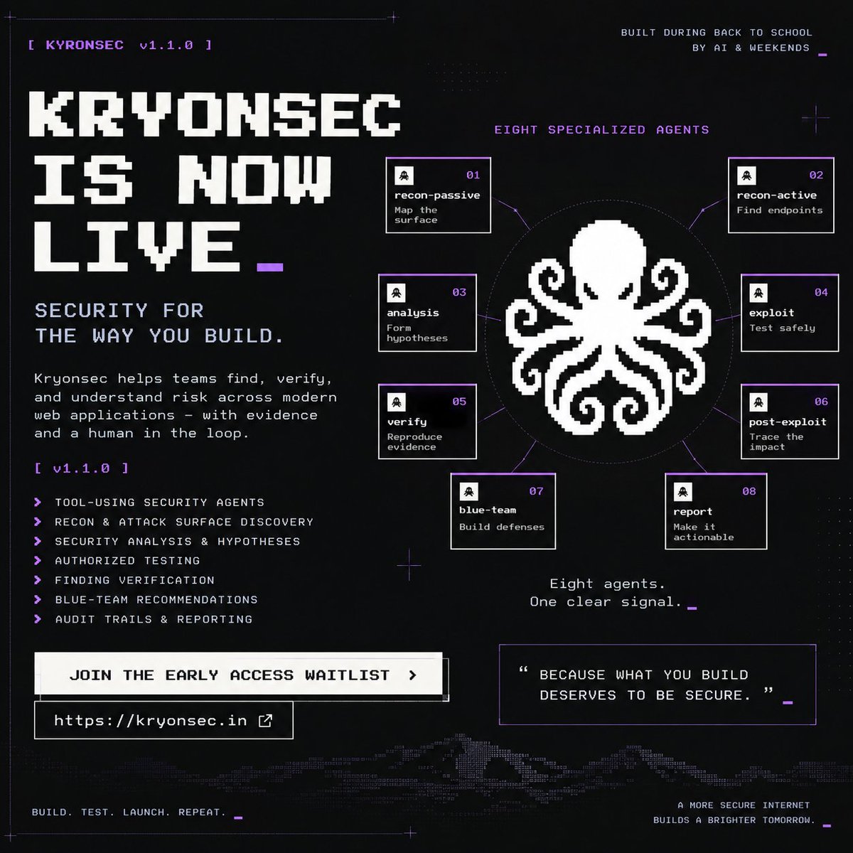 GonchiJosh's tweet photo. Kryonsec is now live.

An autonomous security team for AI-built products.

8 specialized security agents working together to test, analyze, and find security issues.

Built during Back to School by ai &amp; weekends

Now opening early access through a waitlist
https://t.co/SoKn0OcSYC https://t.co/HzE1OlguhR