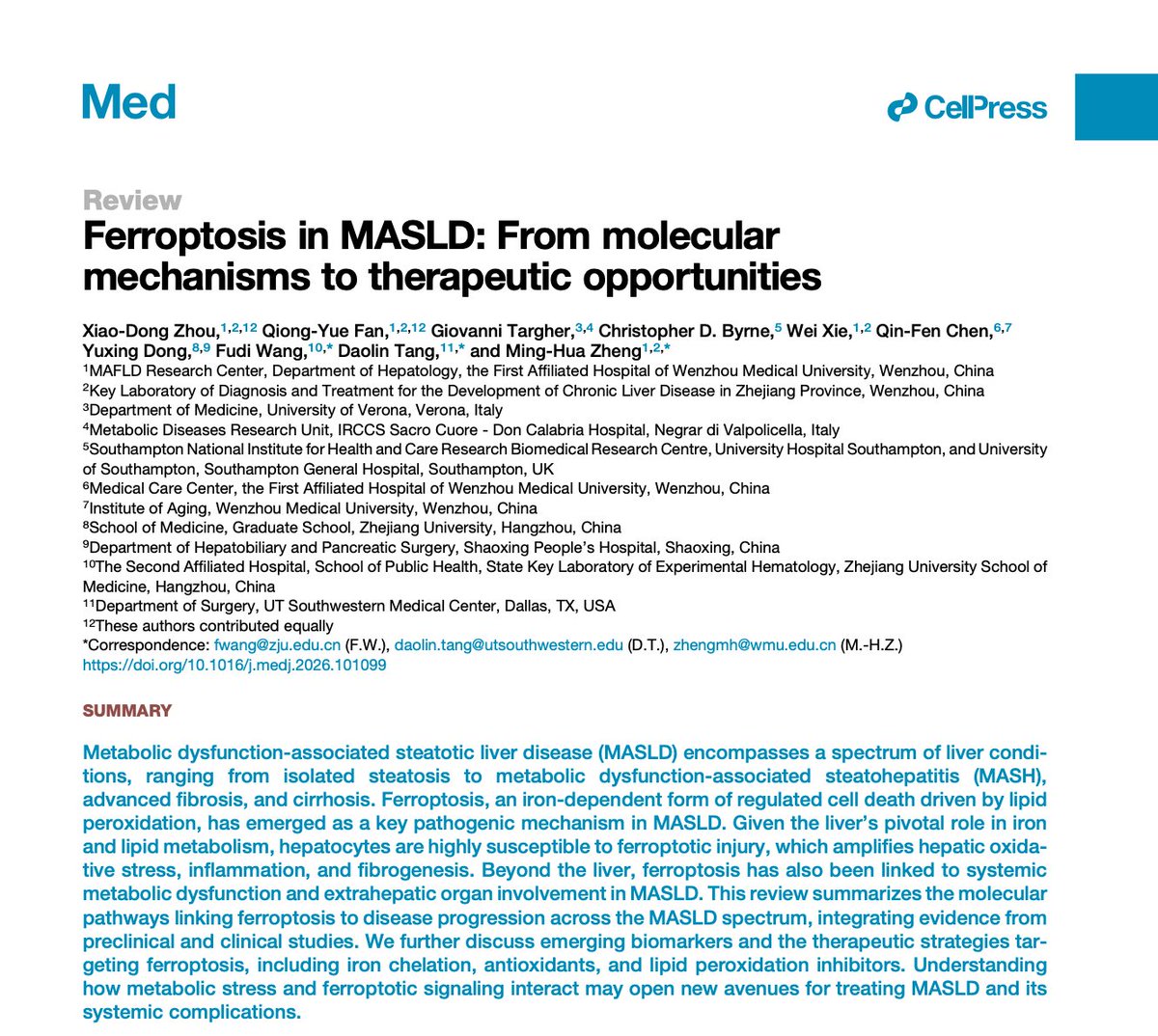 fudi_wang's tweet photo. Delighted our review Ferroptosis in MASLD: From molecular mechanisms to therapeutic opportunities is out in @MedCellPress  MASLD/MASH special collection and featured on the journal cover.
Full text: https://t.co/96PKxOhy7h #Ferroptosis #MASLD #MASH #LiverDisease https://t.co/L5IvA9ZtVB