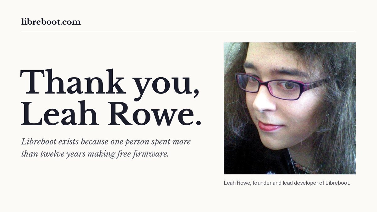 Libreboot_com's tweet photo. Twelve years. One person. Zero compromises. 🔥
Leah Rowe built Libreboot so your machine could boot without a single line of proprietary code. 🖥️🔓
Thank you, Leah. The whole free firmware world stands on your shoulders. 🙏 https://t.co/ERD4pWyvSQ