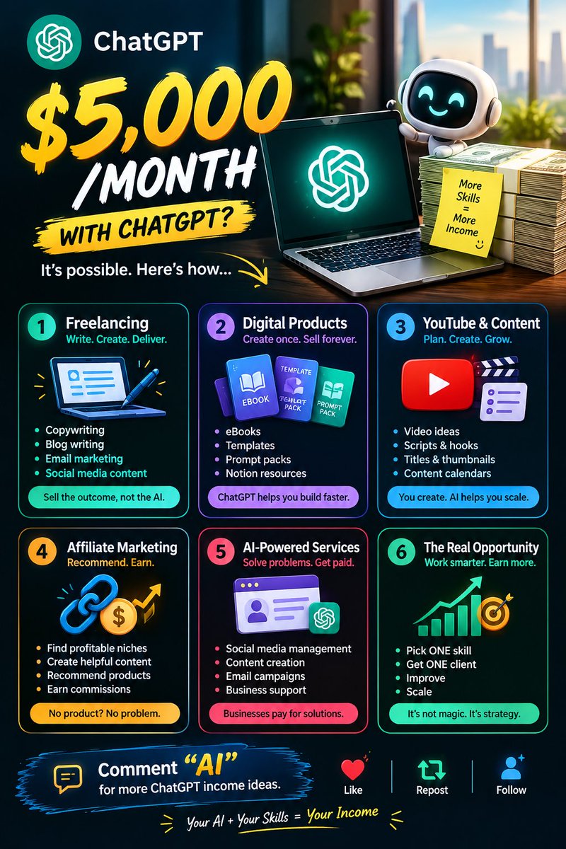 RhJuyel's tweet photo. 🚨 Want to build a $5,000/month income stream with ChatGPT?

You don’t need to be a programmer.
You don’t need your own product.

You need to know how to turn AI into something people pay for.

Here are 7 ways to start 👇 https://t.co/SQIvvdtLXx