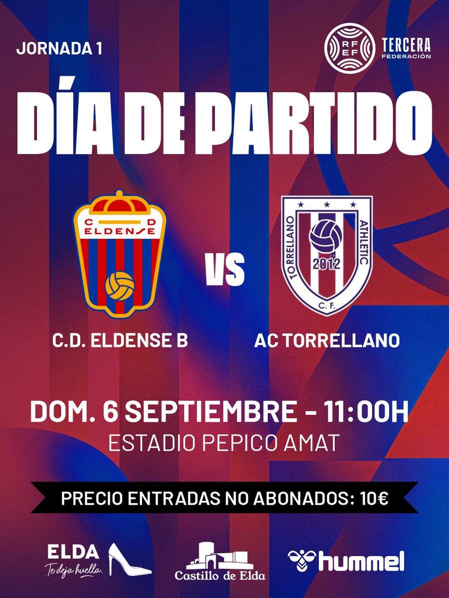 FutbolBaseCDE's tweet photo. DÍA DE PARTIDO ⚔️
🆚 @actorrellano
🗓️Domingo 6 de septiembre
⌚️11:00h
🏟️Pepico Amat
📲#EldenseBACTorrellano
#AupaDeportivo #FeEnElDestino https://t.co/GAet0eXZfo