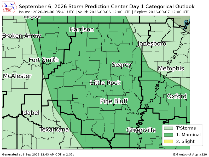 WatchLZK's tweet photo. #SPC issues Day 1 Marginal Convective Risk at Sep 6, 5:41z for LZK https://t.co/iUmsFmdxVl https://t.co/WZy8zKzN5N