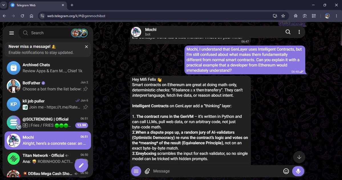 kingflirckz22's tweet photo. Had a genuinely interesting conversation with Mochi about GenLayer’s Intelligent Contracts. 

What clicked for me was how Optimistic Democracy and the Equivalence Principle help verify real-world information on-chain. The freelance dispute example made it all click. 🐙 @GenLayer https://t.co/cL09tzZ9Uz
