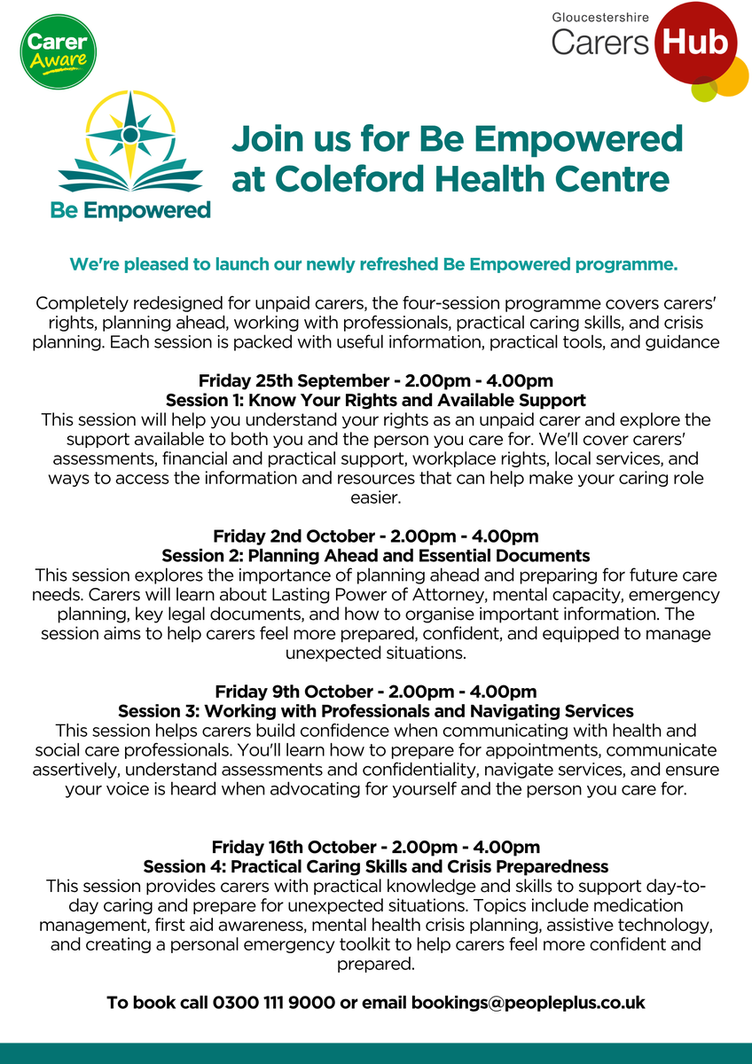 GCarersHub's tweet photo. 📣 New Be Empowered Programme Launching

Do you support someone and live in the Forest of Dean?

This free course provides information, guidance, and practical tools to support your caring journey.

Book today: bookings@peopleplus.co.uk https://t.co/5byO1ealgn