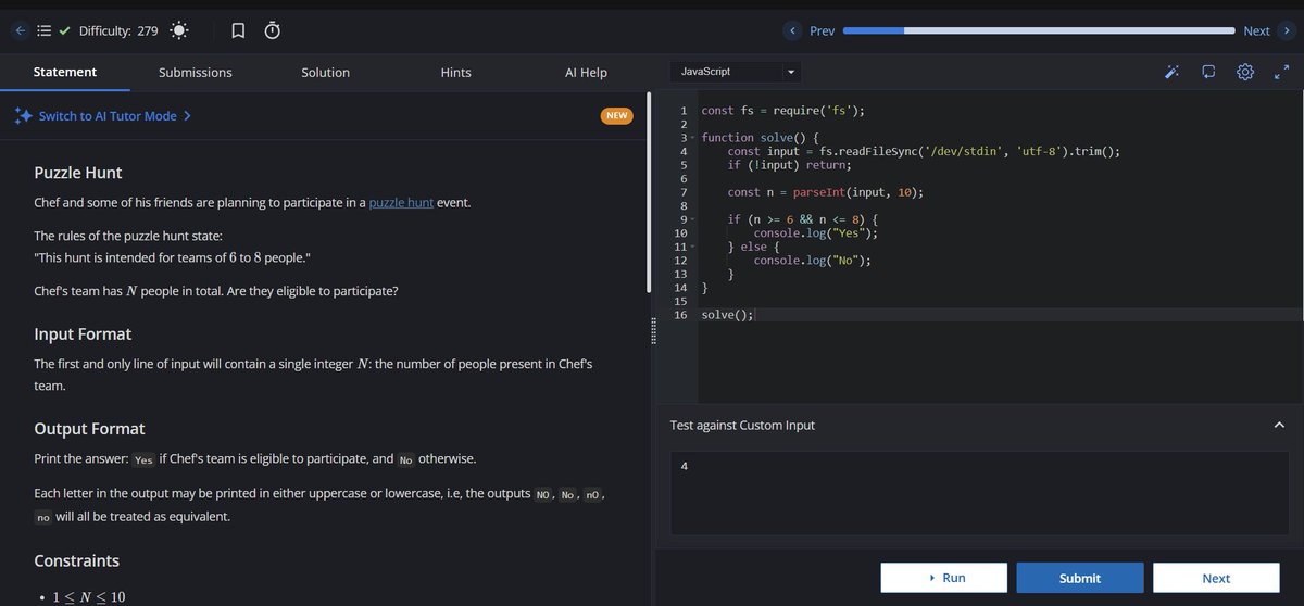 AkkalAbhishek's tweet photo. Day 140 of Coding
Solved another CodeChef problem — Puzzle Hunt.
Checked whether the team size is between 6 and 8 using a simple condition.
Time Complexity: O(1)
Space Complexity: O(1)
#Day140 #CodeChef #JavaScript #365DaysOfCode https://t.co/RFfIFM4ku7